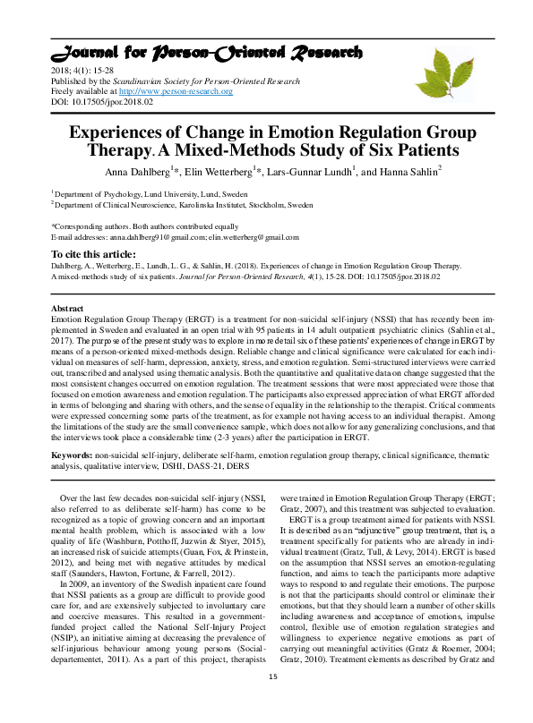 (PDF) Experiences of change in Emotion Regulation Group Therapy. A ...