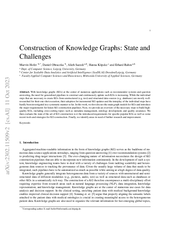 (PDF) Construction of Knowledge Graphs: State and Challenges