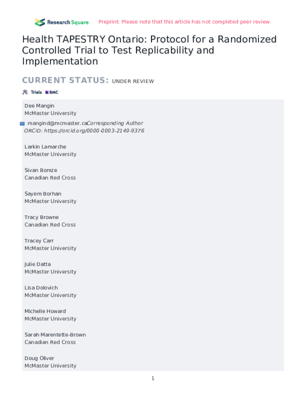 (PDF) Health TAPESTRY Ontario: Protocol for a Randomized Controlled ...
