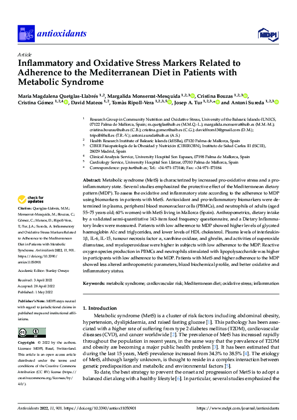 (PDF) Inflammatory and Oxidative Stress Markers Related to Adherence to ...