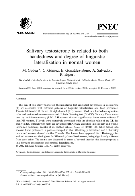 (PDF) Salivary testosterone is related to both handedness and degree of ...