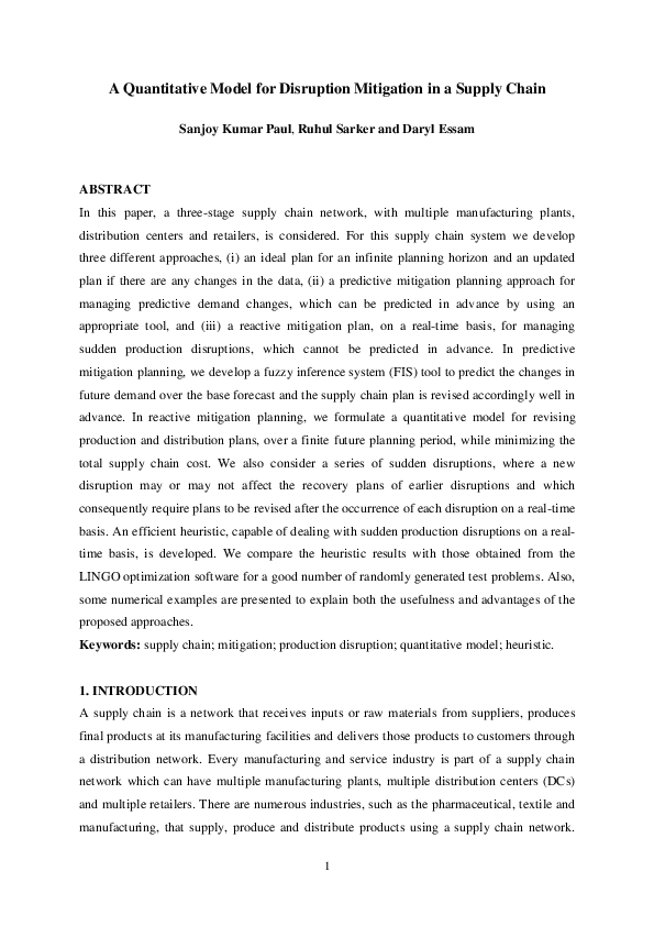 (PDF) A quantitative model for disruption mitigation in a supply chain