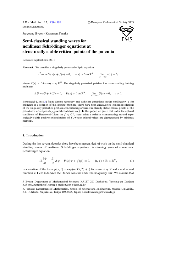 (PDF) Semi-classical standing waves for nonlinear Schrödinger equations ...
