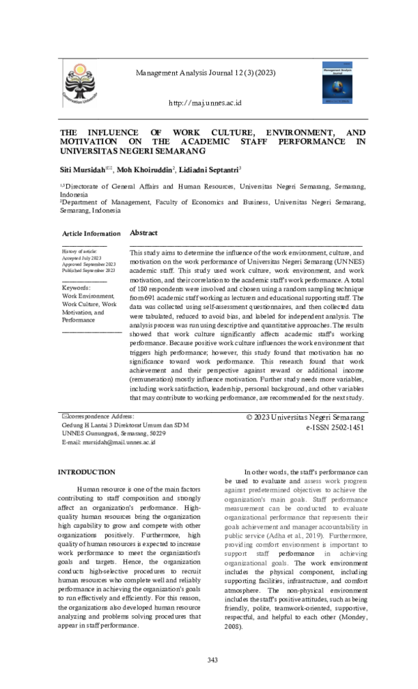 (PDF) The Influence of Work Culture, Environment, and Motivation on the ...