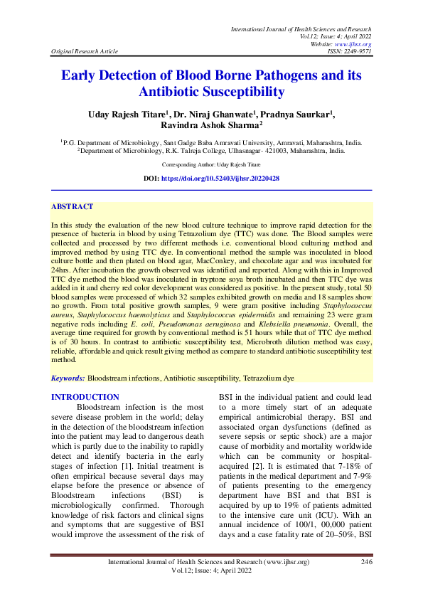 (PDF) Early Detection of Blood Borne Pathogens and its Antibiotic ...