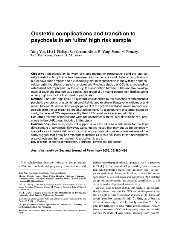(PDF) Obstetric complications and transition to psychosis in an 'ultra ...