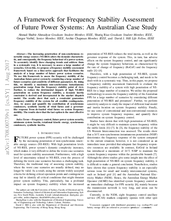(PDF) A Framework for Frequency Stability Assessment of Future Power ...
