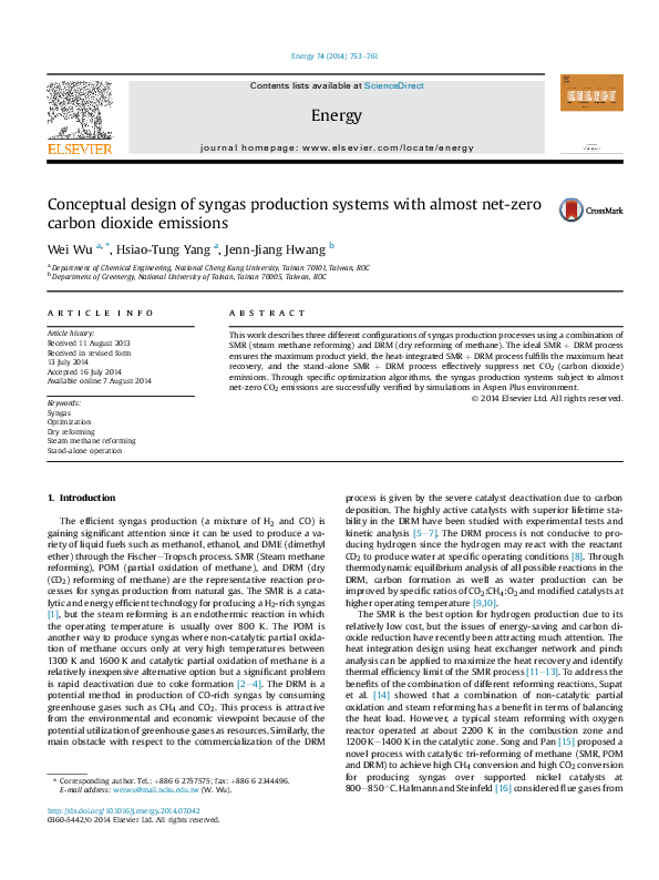 (PDF) Conceptual design of syngas production systems with almost net ...