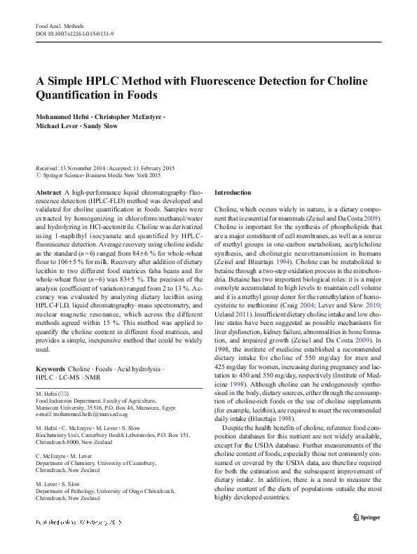 (PDF) A Simple HPLC Method with Fluorescence Detection for Choline ...