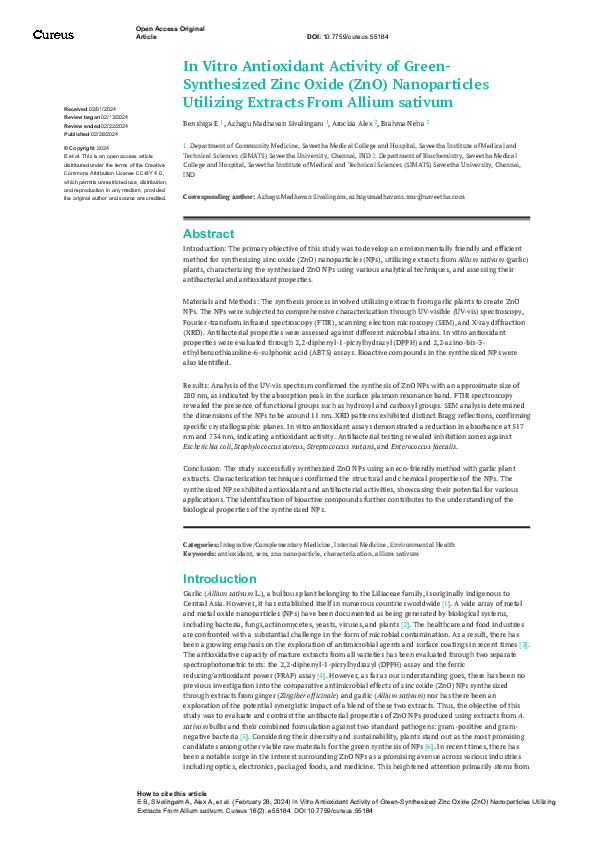 (PDF) In Vitro Antioxidant Activity of Green-Synthesized Zinc Oxide ...