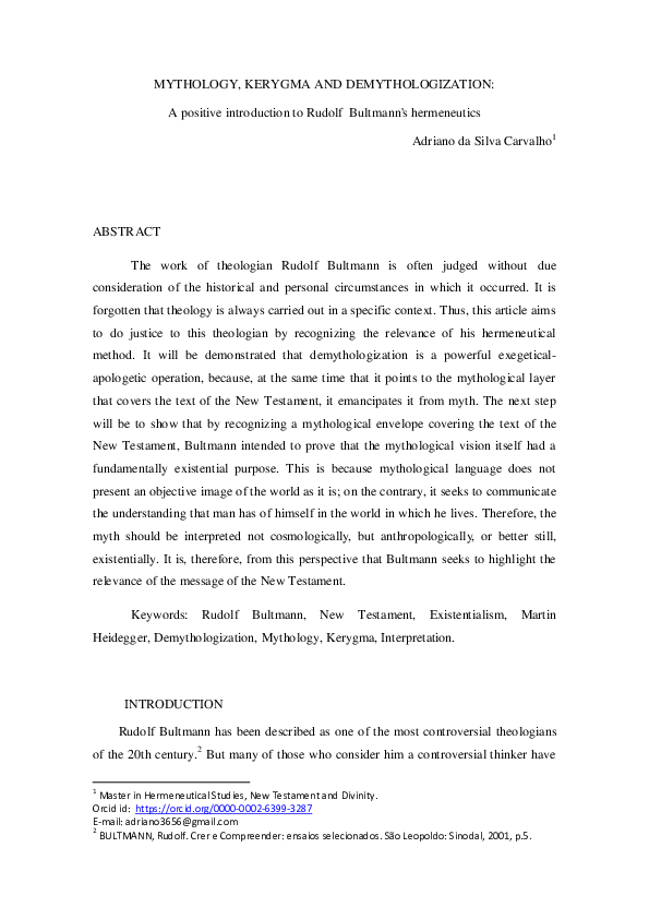 (PDF) MYTHOLOGY, KERYGMA AND DEMYTHOLOGIZATION: A POSITIVE INTRODUCTION ...