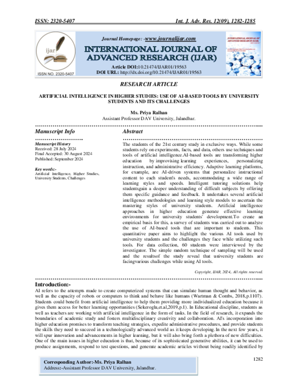 (PDF) ARTIFICIAL INTELLIGENCE IN HIGHER STUDIES: USE OF AI-BASED TOOLS ...