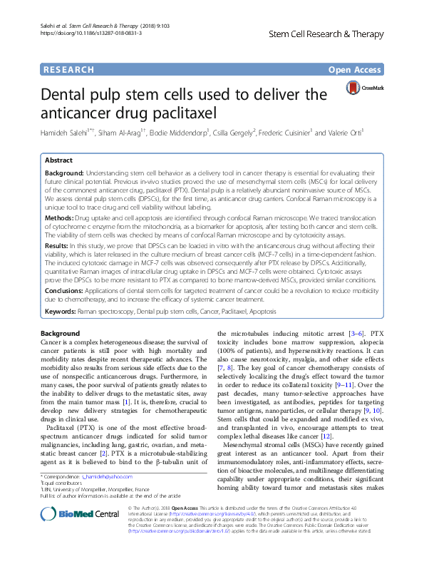 (PDF) Dental pulp stem cells used to deliver the anticancer drug paclitaxel