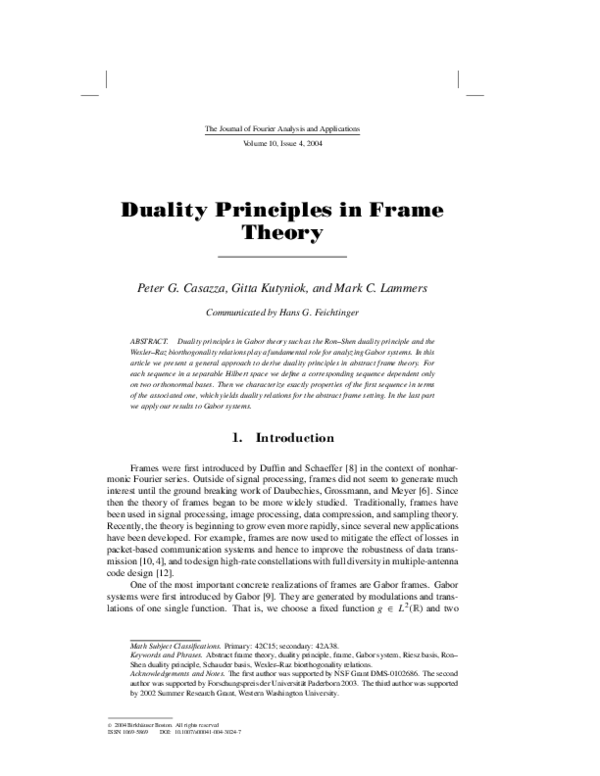 (PDF) Duality Principles in Frame Theory
