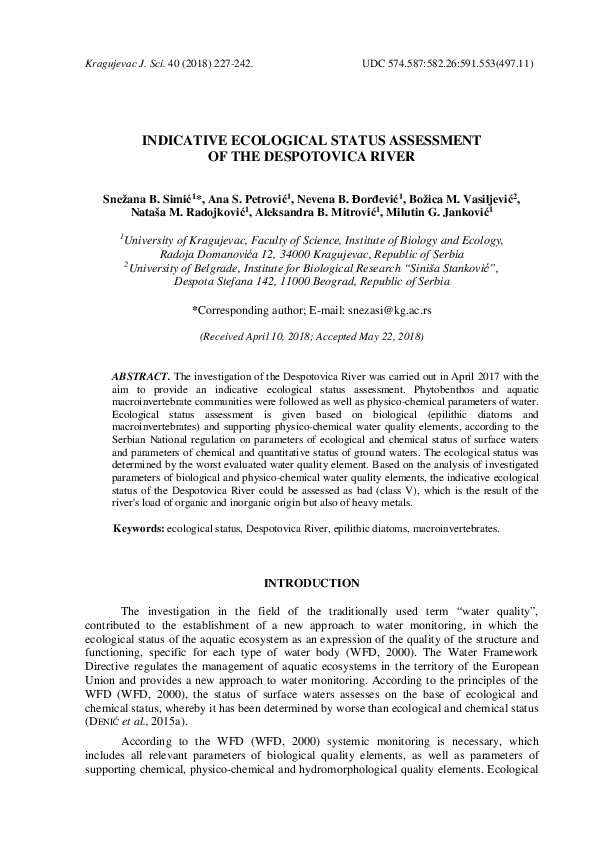 (PDF) Indicative ecological status assessment of the Despotovica river