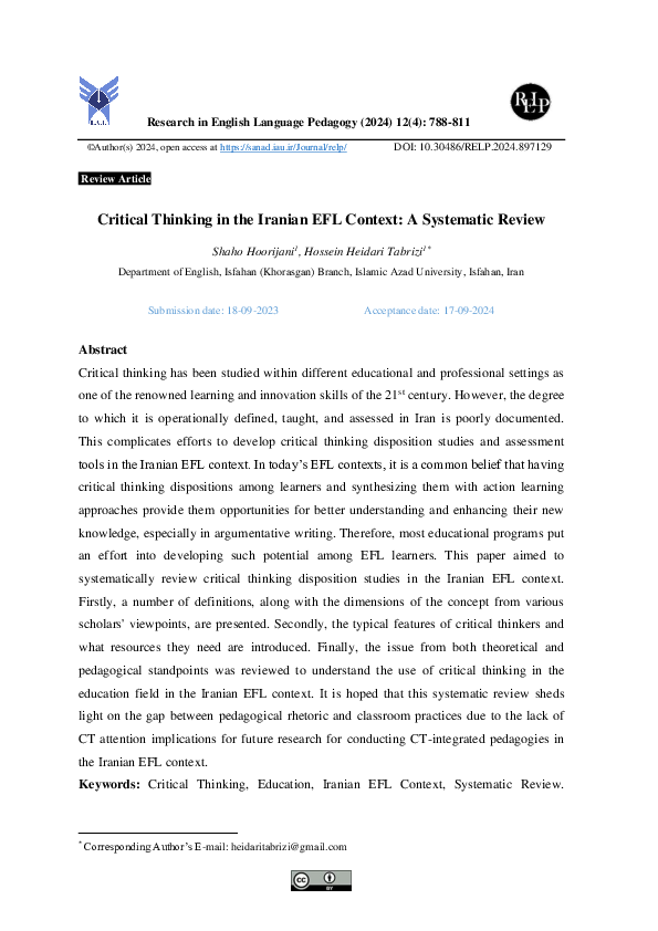 (PDF) Critical Thinking in the Iranian EFL Context: A Systematic Review