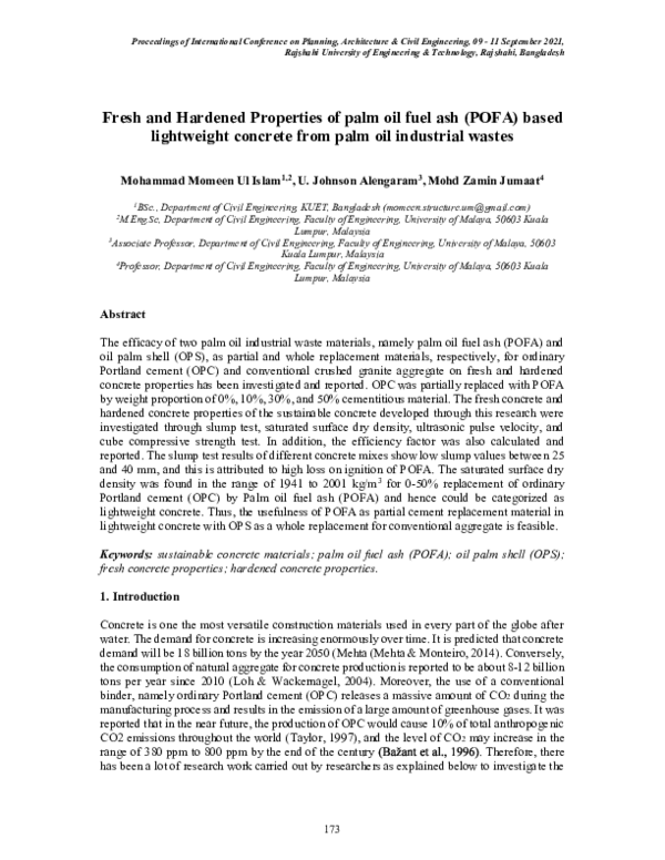(PDF) Fresh and Hardened Properties of palm oil fuel ash (POFA) based ...