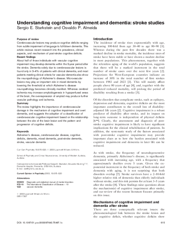 (PDF) Understanding cognitive impairment and dementia: stroke studies