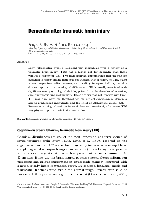 (PDF) Dementia after traumatic brain injury