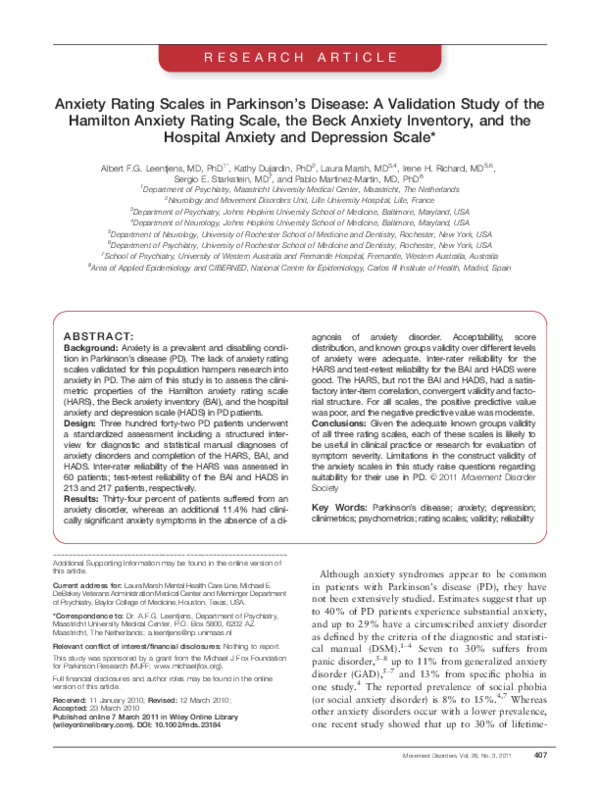 (PDF) Anxiety rating scales in Parkinson's disease: A validation study ...
