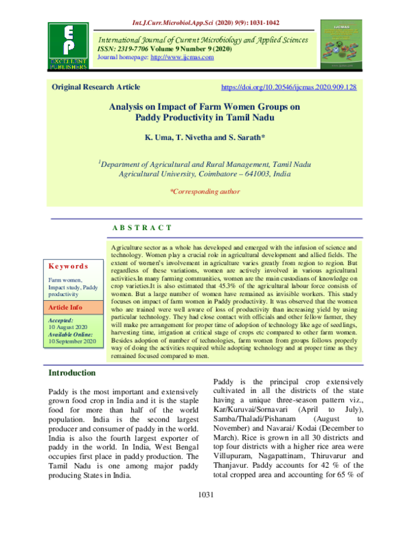 (PDF) Analysis on Impact of Farm Women Groups on Paddy Productivity in ...