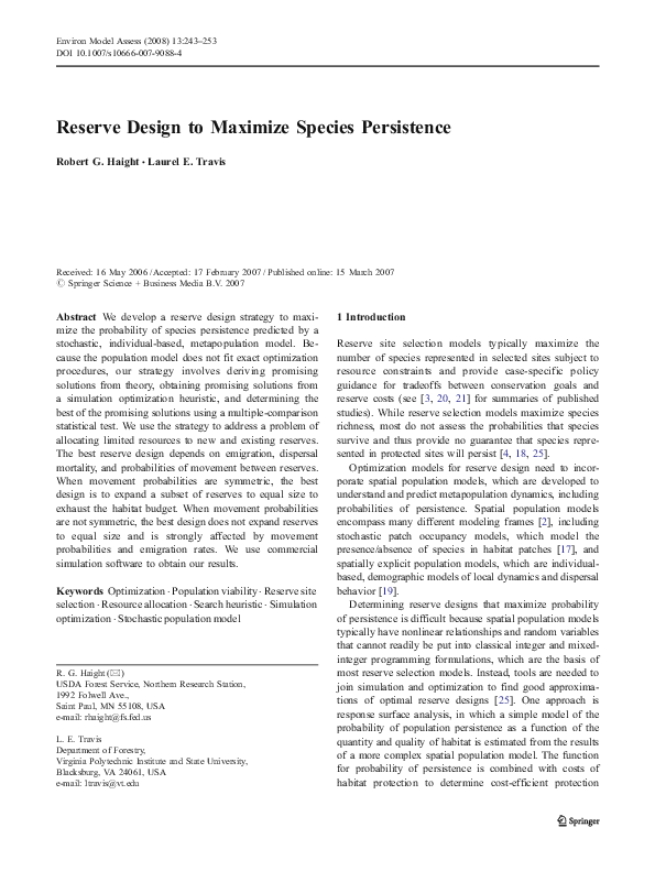 (PDF) Reserve Design to Maximize Species Persistence