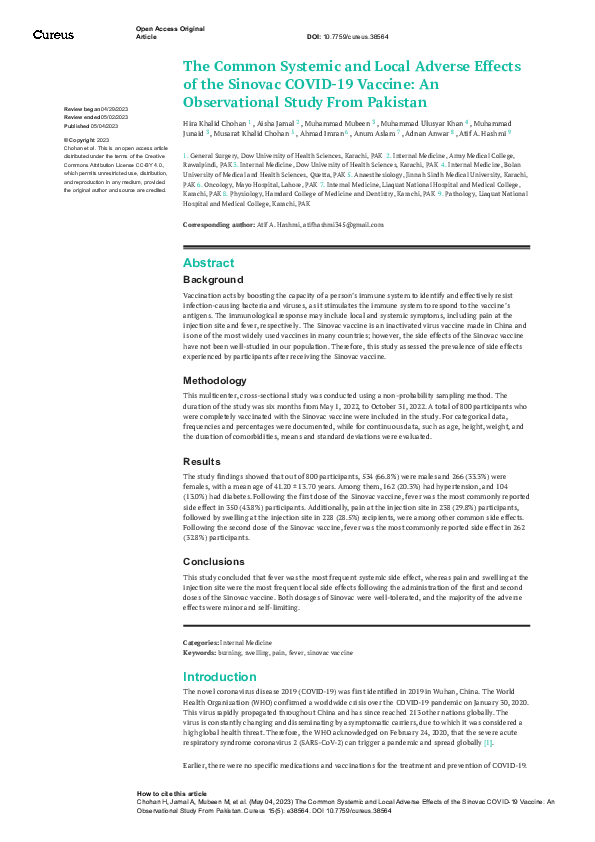 (PDF) The Common Systemic and Local Adverse Effects of the Sinovac ...