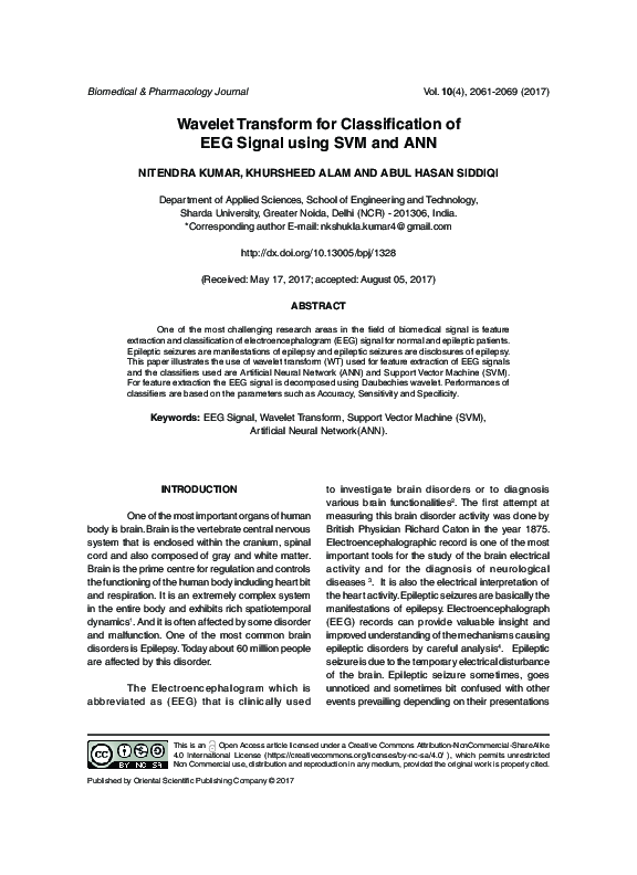 (PDF) Wavelet Transform for Classification of EEG Signal using SVM and ANN