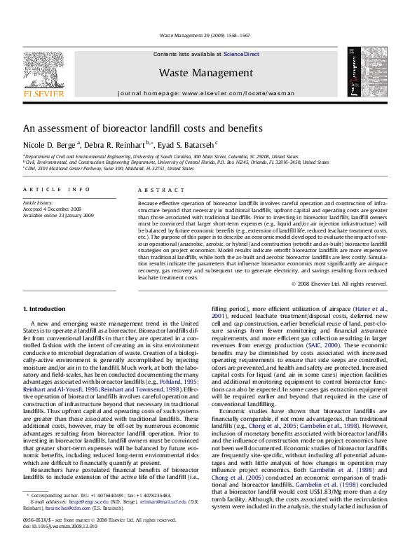 (PDF) An assessment of bioreactor landfill costs and benefits