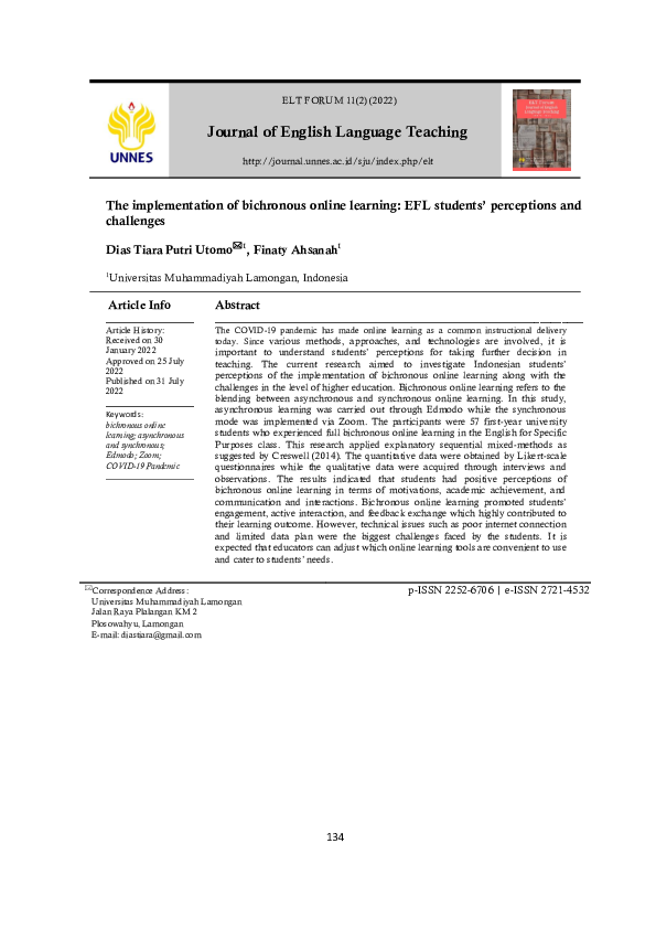 (PDF) The implementation of bichronous online learning: EFL students ...