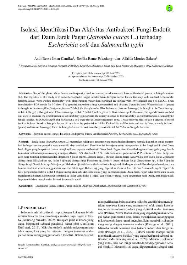 (PDF) Isolasi, Identifikasi dan Aktivitas Antibakteri Fungi Endofit ...