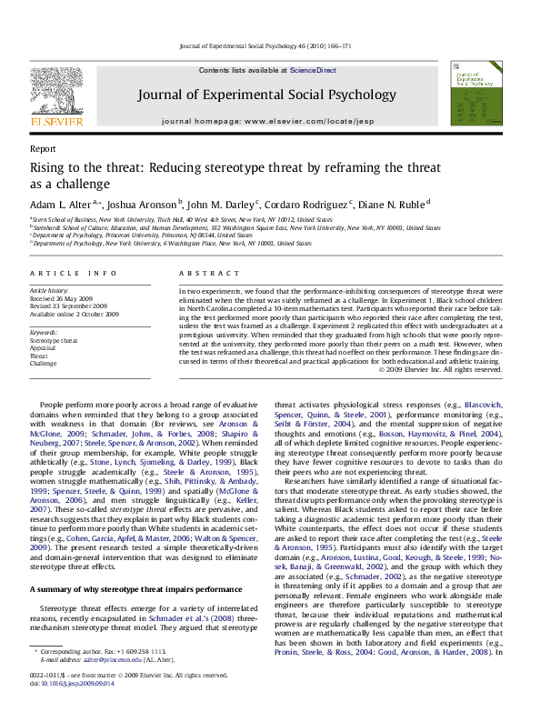 (PDF) Rising to the threat: Reducing stereotype threat by reframing the ...