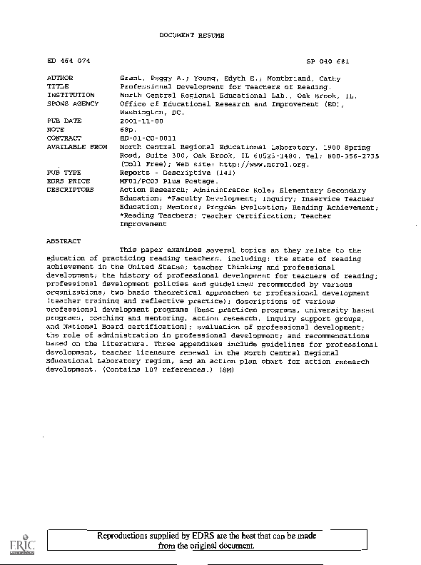 (PDF) Professional Development for Teachers of Reading