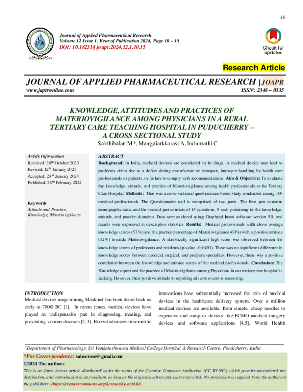 (PDF) Knowledge, attitudes and practices of Materiovigilance among ...