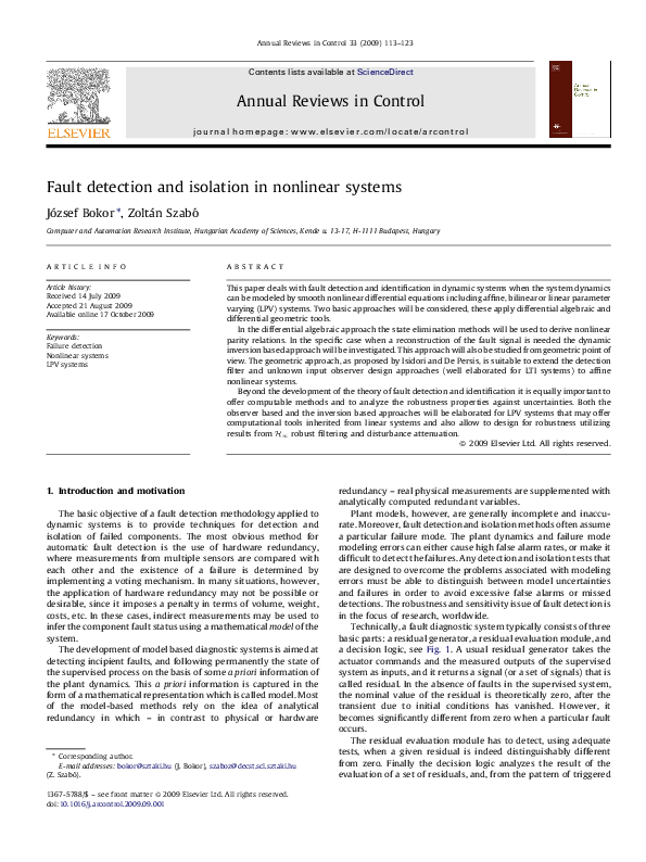 (PDF) Fault detection and isolation in non-linear systems by using ...