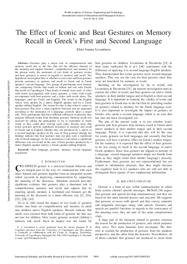 (PDF) The Effect of Iconic and Beat Gestures on Memory Recall in Greek ...