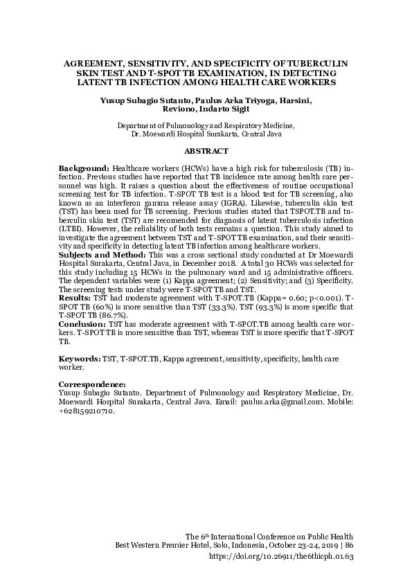 (PDF) Agreement, Sensitivity, and Specificity of Tuberculin Skin Test ...