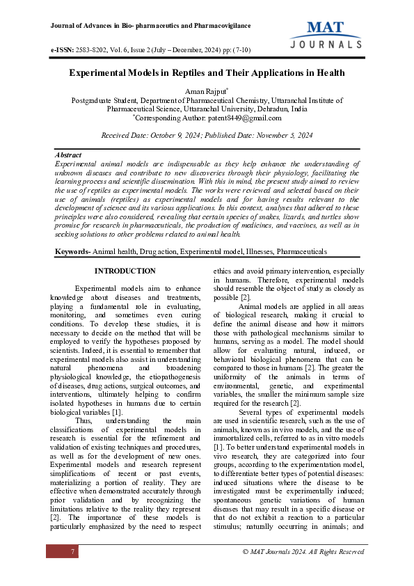 (PDF) Experimental Models in Reptiles and Their Applications in Health