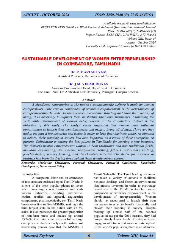 (PDF) SUSTAINABLE DEVELOPMENT OF WOMEN ENTREPRENEURSHIP IN COIMBATORE ...