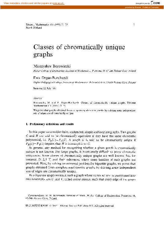 (PDF) Classes of chromatically unique graphs