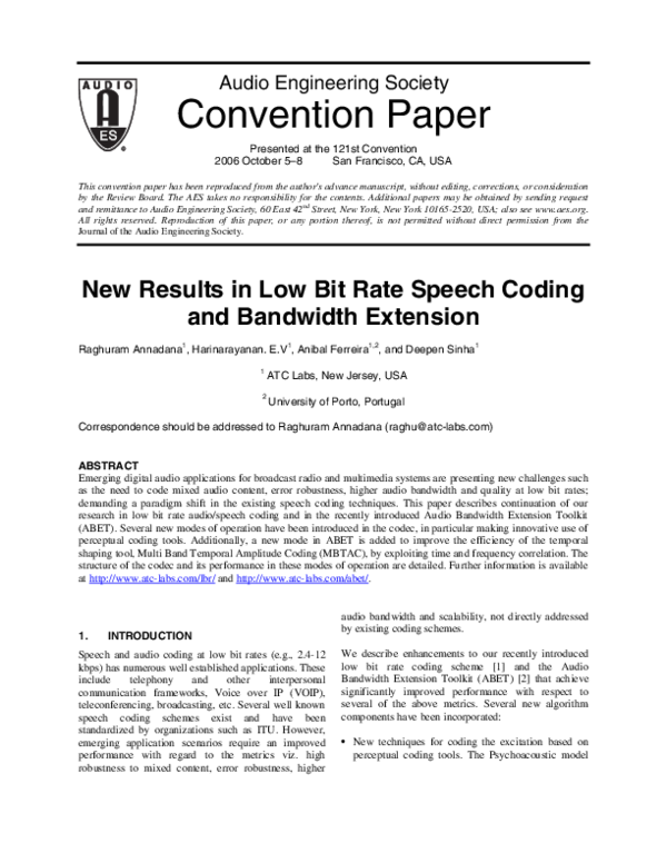 (PDF) New Results in Low Bit Rate Speech Coding and Bandwidth Extension