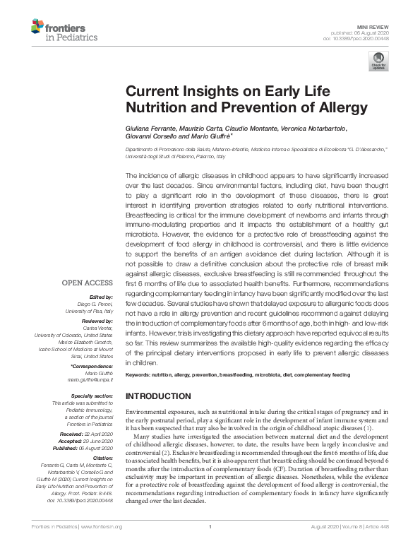 (PDF) Current Insights on Early Life Nutrition and Prevention of Allergy
