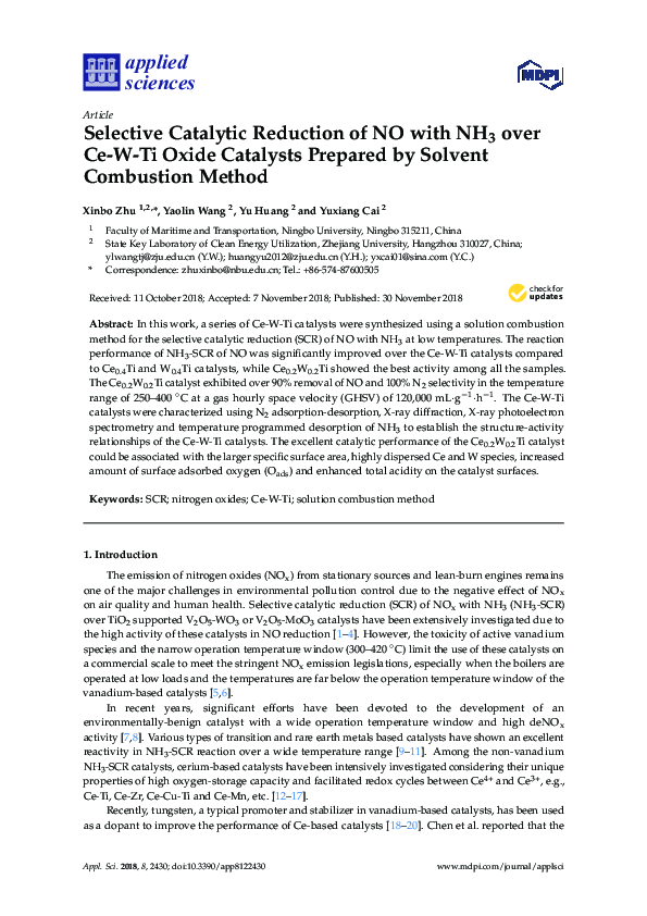 (PDF) Selective Catalytic Reduction of NO with NH3 over Ce-W-Ti Oxide ...