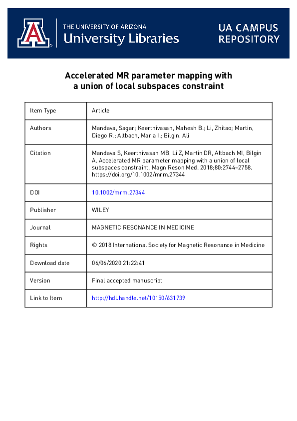 (PDF) Accelerated MR parameter mapping with a union of local subspaces ...