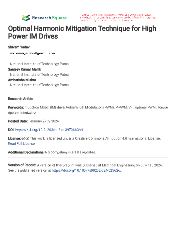 (PDF) Optimal Harmonic Mitigation Technique for High Power IM Drives