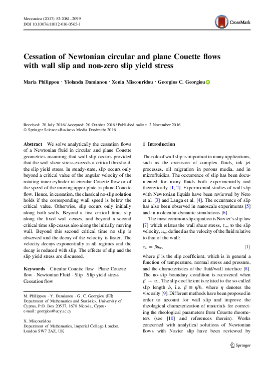 (PDF) Cessation of Newtonian circular and plane Couette flows with wall ...