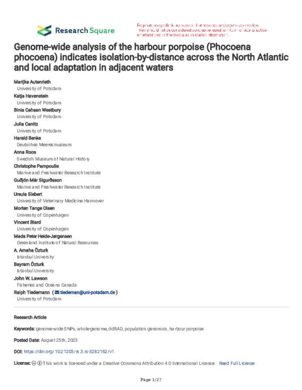 (PDF) Genome-wide analysis of the harbour porpoise (Phocoena phocoena ...