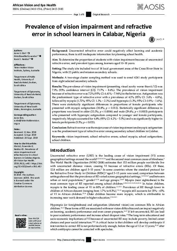 (PDF) Prevalence of vision impairment and refractive error in school ...