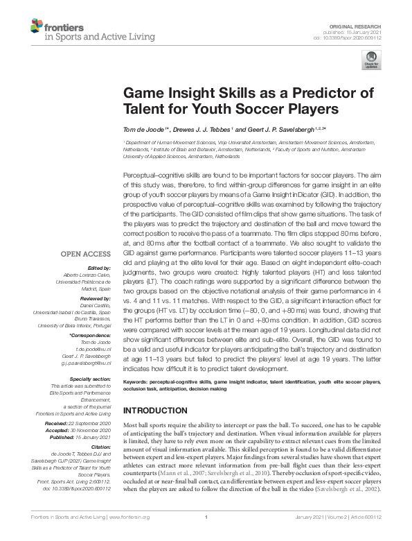 (PDF) Game Insight Skills as a Predictor of Talent for Youth Soccer Players