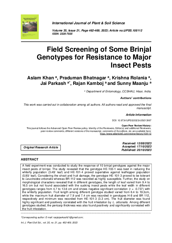 (PDF) Field Screening of Some Brinjal Genotypes for Resistance to Major ...